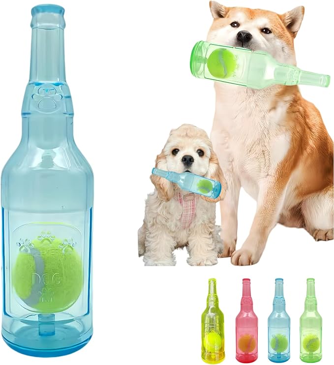 Tennis Ball in Bottle Dog Toy [2025 New Upgrade] Reinforced and Thickened Rubber Bottle Dog Chew Toy with Ball Squeaky Fetch Toy Tough (Blue, Medium)