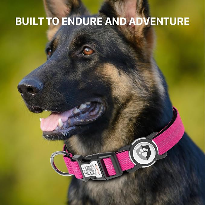 Waterproof AirTag Dog Collar with QR Code Dog Tag, Rose Red M | IP68 waterproof, QR code dog tag, Anti-Lost, Online profile, fits XS-L (8"-26"), Padded nylon, Reflective, No App, No Fees