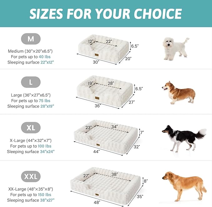 COZY KISS Orthopedic Dog Bed for Large Size Dog, Soft and Warm Faux Fur Extra Large Sofa for Pet Up to 100 lbs, Foam Bolster Anti-Slip Couch with Washable Removable Cover, XL 44x32x7 inch, Beige