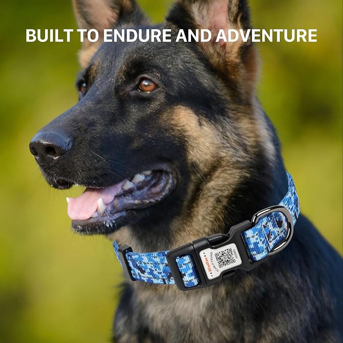 Personalized Dog Collar with QR Code Dog Tag, Camo Blue M | Anti-lost, 1000D nylon, reflective, padded, XS-L(8"-24"), QR buckle shares lost pet profile, location alerts when scanned