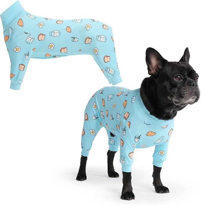 Spark Paws Dog Pajama, Dog Recovery Suit Male, Onesie, Ultra-Soft and 4-Way Stretch, for Small Medium and Large Breeds - Breakfast Blue - XL