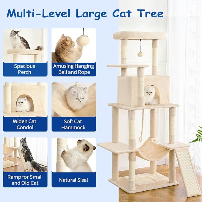 Cat Craft Cat Tree 63 Inch Cat Tower for Indoor Cats, Multi-Level Cat Tree for Large Cats 20 lbs+ Heavy Duty Cat Tower with Sisal Scratching Posts, Hammock, Condo and Extended Platform, Beige