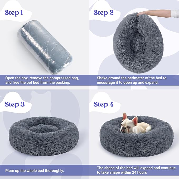 rabbitgoo Dog Bed for Small, 24 inches Machine Washable, Fluffy Donut Pet Bed Anti-Slip, Calming Soft Plush Round Cushion, Fits up to 18 lbs Pets, Dark Grey