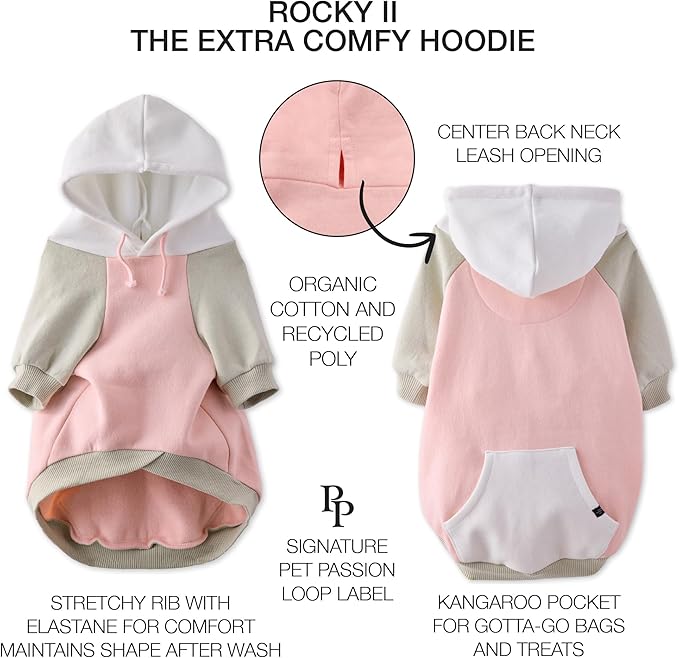 Rocky II - The Extra Comfy Hoodie, Organic Cotton and Recycled Poly Dog Hoodie Pet Coat Sweater for Small, Medium, Large Dogs, Pink Color Block, XXX-Small (up to 5lbs)