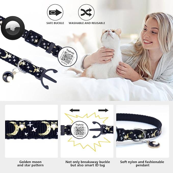 2 Pack Airtag Cat Collar, Breakaway Cat Airtag with Smart ID tag & QR Code Reflective (Star Moon & Paw Pattern - Pink, with Integrated AirTag Holder)