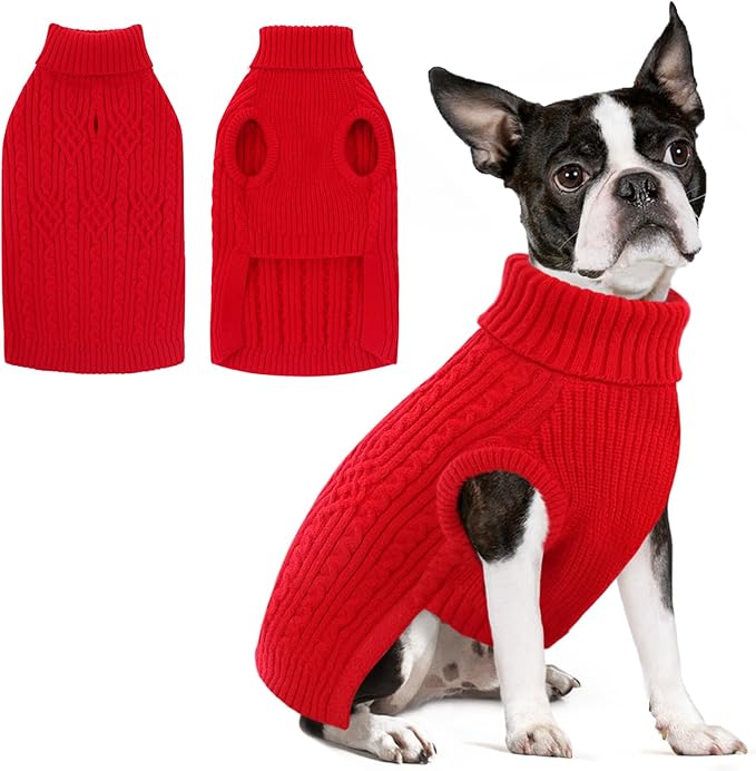 SUNFURA Christmas Dog Sweater, Dog Sweaters for Medium Dogs Girl Boy, Warm Soft Sweaters Pullover for Fall Winter, Solid Color Turtleneck Knitwear Clothes for Pug, Yorkie, Boston Terrier, Red M