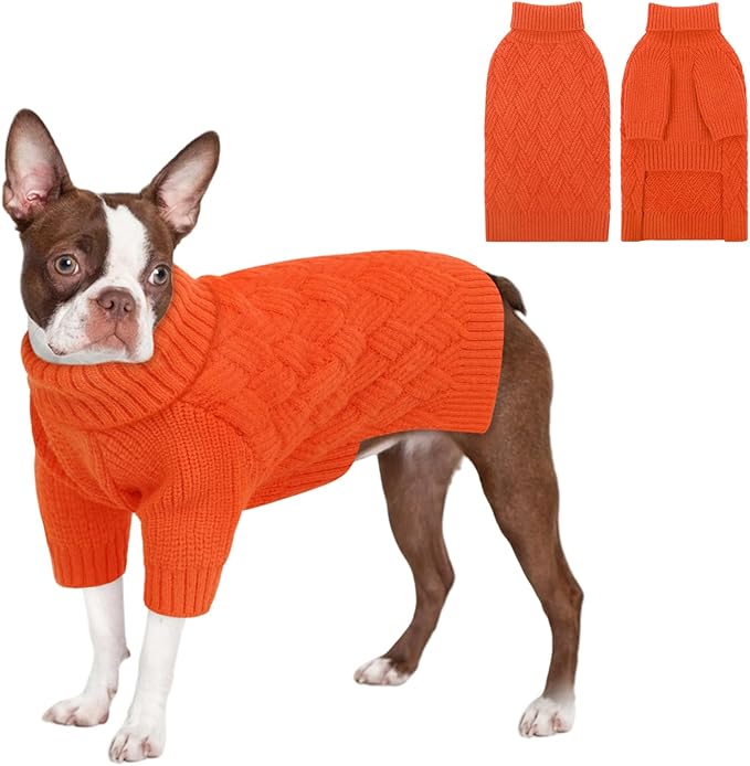 KOESON Extra Large Dog Sweater, Warm Soft XL Dog Sweater, Turtleneck Big Sweater for Large Dogs Girls and Boys, Cable Knitted Pet Knitwear with Sleeves for Fall, Winter and Spring, Orange, XLarge
