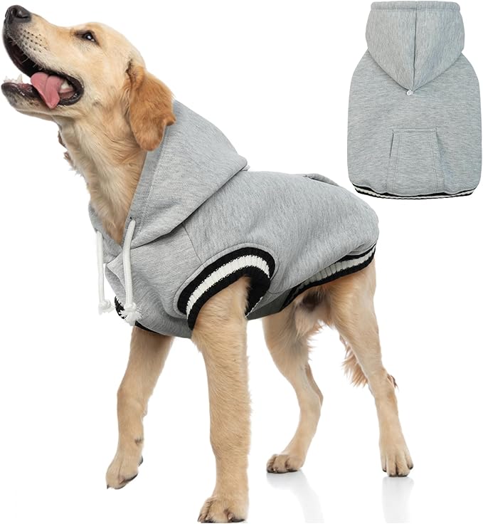 FuaMEY Dog Hoodie, Winter Fleece Sweaters Pet Warm Sweatshirt Pullover with Pocket Soft Warm Christmas Outfit Puppy Vest with Leash Hole for Small Medium Large Dogs Grey XXL