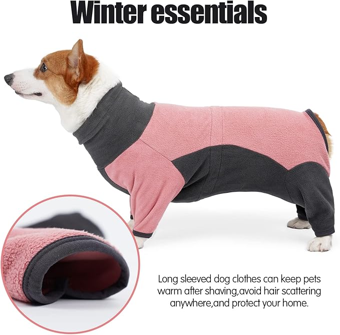Dog Winter Coat - Soft, Warm, Windproof Fleece Dog Sweatshirt - High Neck Full Body Onesie for Walking, Hiking, Travel, Home Wear - Pin Grey M