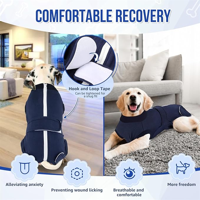 SlowTon Dog Surgery Recovery Suit - Zipper On Dog Onesies After Surgery for Female Male Dogs, Abdominal Wounds Bandages Cone/E-Collar Alternative Dogs Surgical Body Suit (Dark Blue,XS)