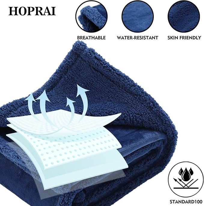 HOPRAI Waterproof Pet Blanket for Medium Large Dogs Washable Fluffy Thick Jacquard Shag Fleece Warm Sherpa Pet Blanket Cats Puppy Couch Protection (Navy Blue XL57*85inches)