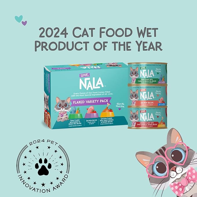LOVE, NALA - Natural Adult Cat Wet Food - FLAKED Variety Pack - Salmon, Tuna, Chicken - Grain Free, Non-GMO, Lean Protein, Omega 3, Digestive Fiber Blend, Added Minerals & Vitamins - 12 Pack