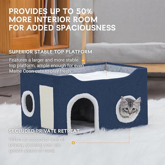 Gosipeya Cat House for Indoor Cats – Foldable Cat Cave & Covered Cat Bed, Cozy Hideaway for Small Pets and Large Cats (23.6"x16"x12.8"),Navy Blue