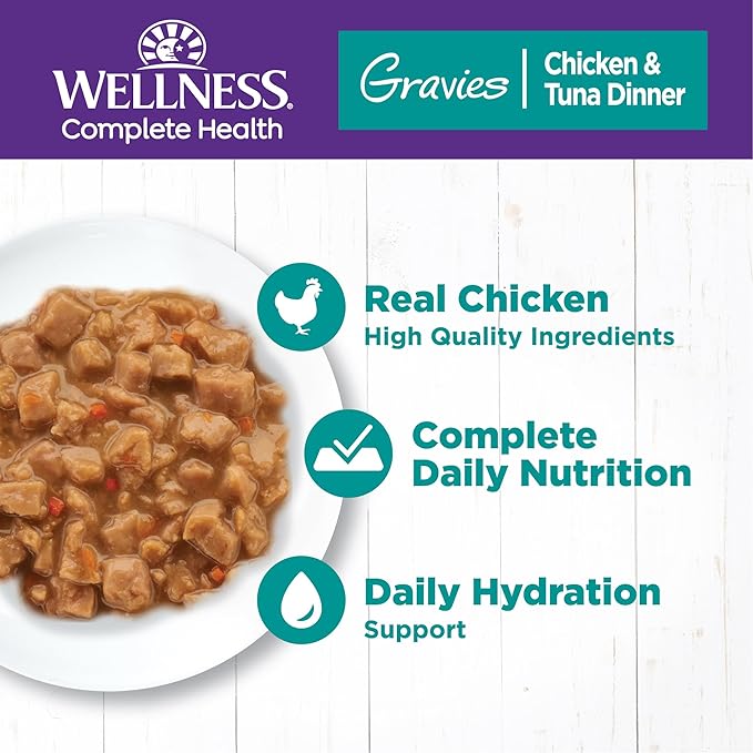 Wellness Complete Health Gravy Adult Wet Cat Food, Natural, Protein-Rich, Grain Free, 3 Ounce, 12 Pack, (Chicken & Tuna Dinner)