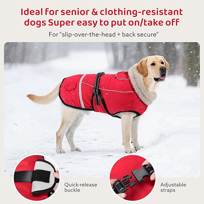 Dog Coat, Warm Dog Winter Coat Reflective Jacket Waterproof Fleece Vest, Pet Jacket Cozy for Cold Weather, Dogs Snowsuit Windproof, Adjustable Buckle for Medium Dogs