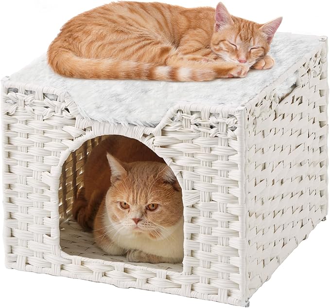 SETVSON Cat Beds Indoor Kitten House, Handwoven Rattan Cat Cave Pet Cube, Large Cat Houses, One Bed Mat, Foldable, Hideaway, 16.5x16.5x13.2 Inches, 2 S-Shaped Hooks in Living Room Bedroom Gray
