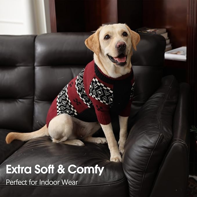 IECOii Large Dog Sweater for Male Dogs, XL Boy Dog Sweater Pullover Knitwear for Winter, Fair Isle Pattern for Holiday Sweaters, Stretchy Mid-Neck Knitted Clothes for Outdoor Adventures,DarkRed,XLarge