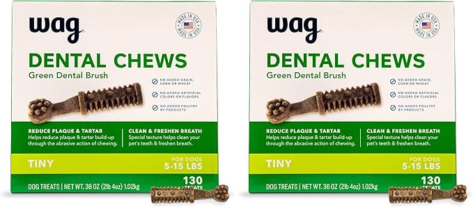 Amazon Brand - Wag Dental Dog Treats to Help Clean Teeth & Freshen Breath - Tiny, Unflavored, 2.25 pounds, 130 Count (Pack of 2)