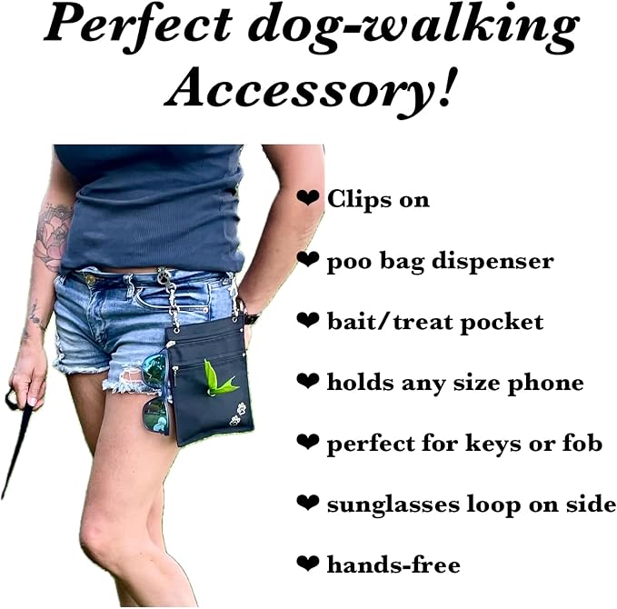 clippable Dog Poop-Bag Dispenser and Treat Pocket, Big Enough for Your Phone and Keys, Perfect Dog Walking Accessory. (Large, with Rhinestone Paw Prints)