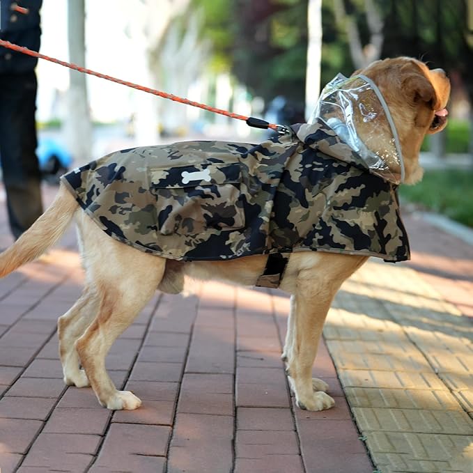 Waterproof Dog Raincoat, Adjustable Reflective Lightweight Pet Rain Clothes with Poncho Hood(Medium,Camo)