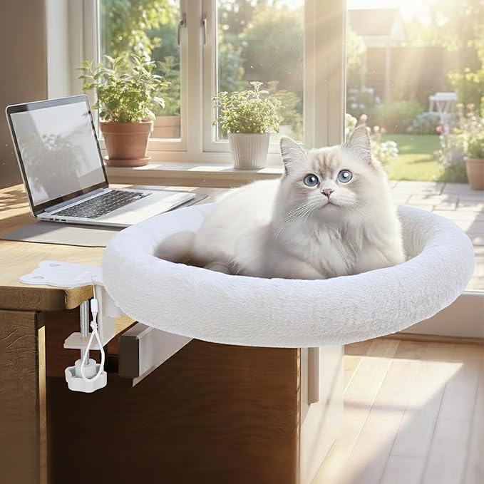 Rotating Cat Desk Bed for Remote Workers, Home Office Staff and Gamers ，Quality Soft Cat Bed, 360° Swivel, Removable Washable Cushion, Comfortable and Easy to Assemble, Supports up 40 lbs(White)