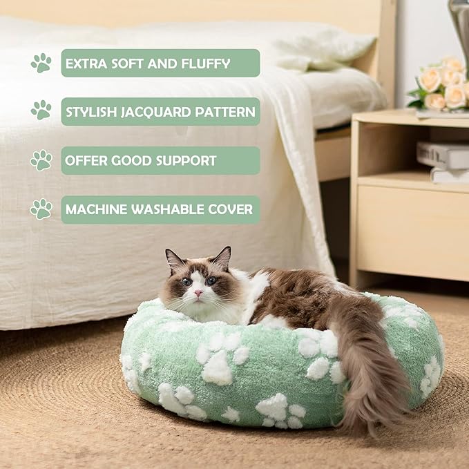 Yaning Donut Dog Beds for Medium Dogs, Calming Round Cat Beds for Indoor Cats, Cute 3D Textured Paw Pet Bed with Removable Washable Cover and Anti-Slip Bottom（Green，30"）