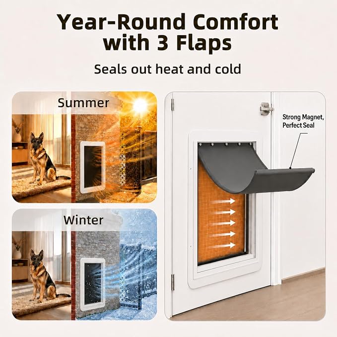 URSPET Large Dog Door for Wall, 3-Flap Insulated, Steel Frame, White | 10.25 x 16.25 in Usable Opening, For 4.3-7.8 in Walls, Compatible with PetSafe Wall Cutouts, Lock Panel, Replaceable Flaps