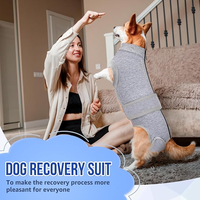 SlowTon Dog Surgery Recovery Suit - Zipper On Dog Onesies After Surgery for Female Male Dogs, Abdominal Wounds Bandages Cone/E-Collar Alternative Dogs Body Suit Anti-Licking (Grey,L)