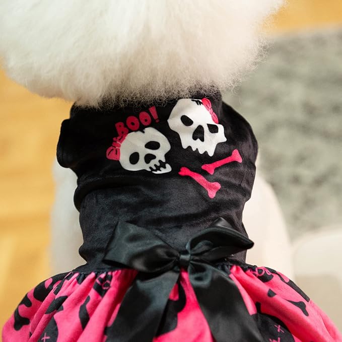 CuteBone Halloween Skulls Dog Dress Velvet for Small Dogs Girl Puppy Dresses Pink Dog Clothes CVA02XXS-D
