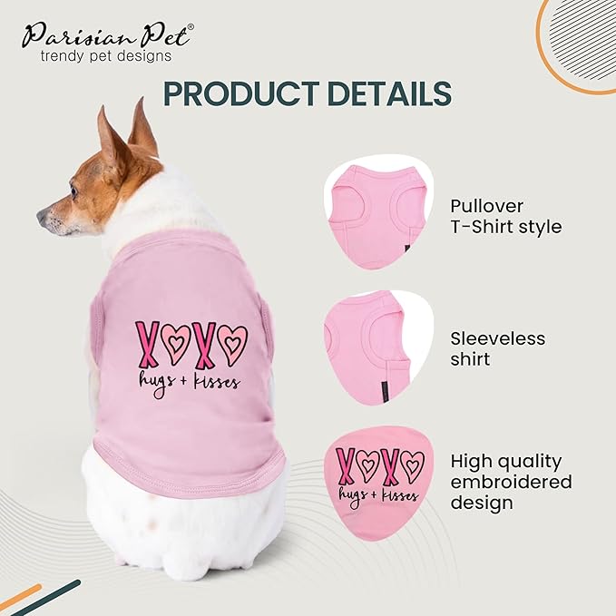 Parisian Pet Dog Tshirt - Embroidered “ XOXO “ 100% Cotton, Tank Top - Lightweight Puppy Clothes Female - Pink Dog Tee Shirts for Medium Dogs Girl - M