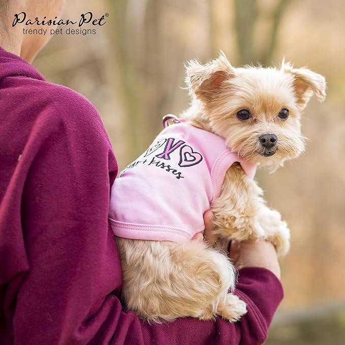 Parisian Pet Dog Tshirt - Embroidered “ XOXO “ 100% Cotton, Tank Top - Lightweight Puppy Clothes Female - Pink Dog Tee Shirts for Large Dogs Girl - XL