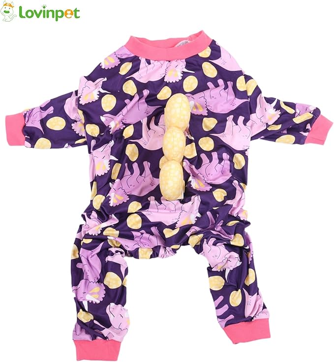 LovinPet Large Dog Pajamas, Four-Leg Stretch Onesie Bodysuit, Lightweight UV-Shielding Pajamas, Anti-Lick Calming Recovery Suit for Surgery, 3D Dino Egg Spikes, Easy on/Off， Purple， XXL