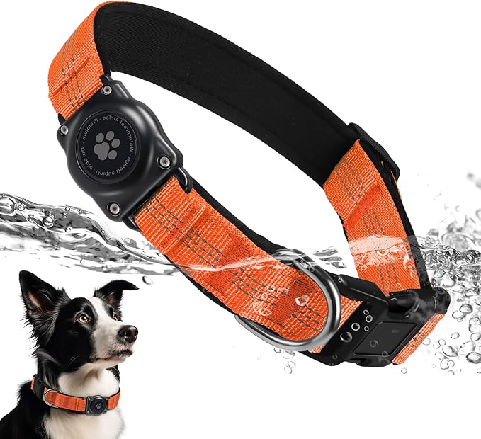 Upgrade Dog Collar with AirTag Holder, IP68 Waterproof, Orange, XL | Built-in Water Resistant AirTag holder, 1000D Nylon, Reflective Stitching for Night Visibility, Soft padding for Comfort