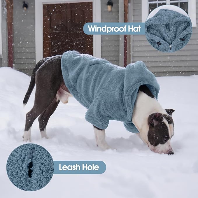 IDOMIK Fuzzy Dog Sweater with Adjustable Hood, Warm Fleece Dog Sweater Hoodie with Harness Hole & Pocket, Pullover Sweaters for Large Dogs, Fuzzy Hooded Sweatshirt for Fall Winter Christmas,Blue,3XL