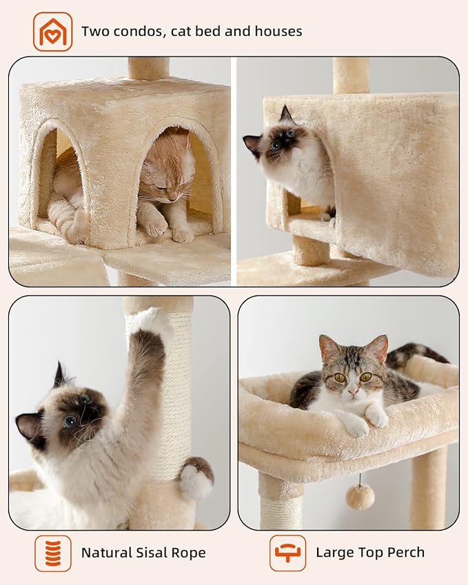 MUTTROS Cat Tree for Large Cats with Super Large Top Perch,56.2" Multi-Level Tower for Indoor Cats with Hammock and Sleeping Bag, Cat Shelves with Scratching Posts and 2 Condos Houses, Beige