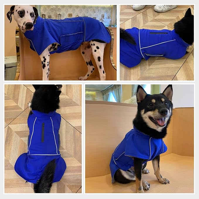 ROZKITCH Dog Coats for Large Dogs, Waterproof Raincoat Jacket Windproof Dog Rain Jacket with Fleece Liner & Leash Hole Elastic Bands for Large, Adjustable Belly Vest for Outdoor Hike Travel Blue 2XL