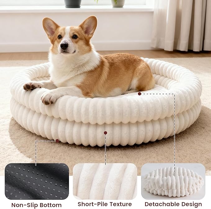 Petinstinct Dog Bed Medium Size Dog, Machine Washable Orthopedic Donut Cat Beds for Indoor Cats, Fluffy Round Pet Bed with Anti-Slip Bottom for Puppy and Kitten, White, 28"x28"x5"