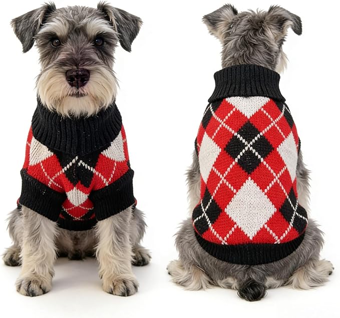Small Dog Cold Weather Sweaters – Warm Knit Turtlenecks, Cozy Pet Pullovers Dog Clothes with Leash Hole for Chihuahua Bulldog Pug Beagles (Red/Black/White, X-Large)