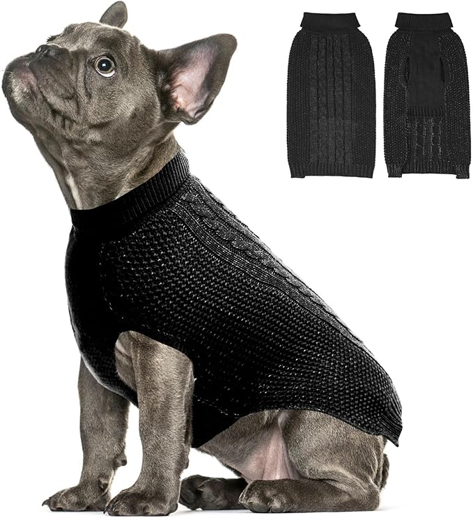 Medium Dog Sweater, Classic Cable Knit Warm Dog Sweatshirt with Reflective Yarn for Girl Boy, Halloween Fall Winter Coat Turtleneck Pullover Clothes Apparel for Small Medium Large Dogs Black M