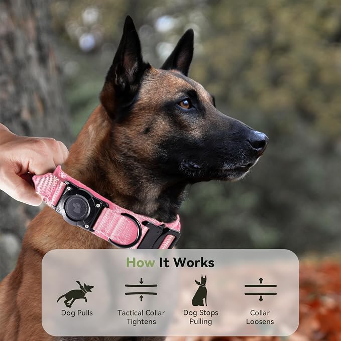 2026 Upgrade Waterproof Tactical AirTag Dog Collar, Built in AirTag Holder | Comfortable Control Handle, Quick Release Metal Buckle, Durable 1000D Nylon, For Medium to Large Dogs, Pink,L