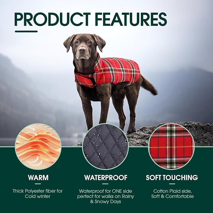 Kuoser Warm Dog Coat, Waterproof Dog Jacket for Extra Large Dogs, Adjustable Durable XXL Doggie Winter Coat Reversible Puppy Cold Weather Apparel from Small to Large Breed, Bright Red XXL
