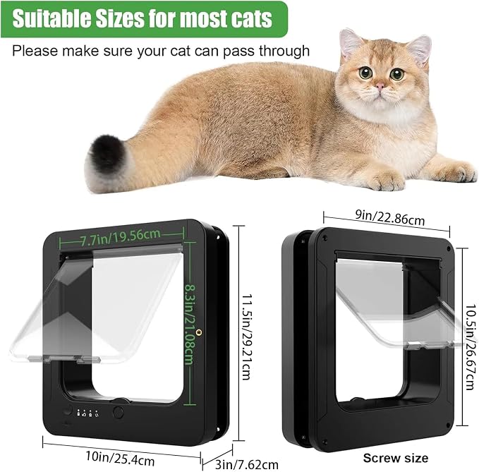 Microchip Cat Doors, Smart 4-Way Locking System, 29.8x26.3cm, Remote Control Pet Door, Sensor Collar Pet Door, Includes 2 Sensor Collars, for Doors, Patios, Walls, and Balconies