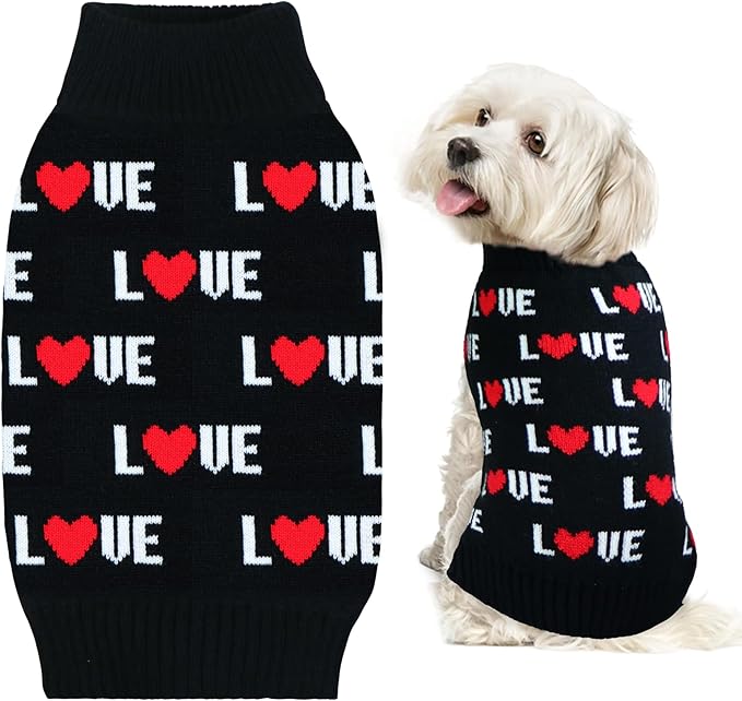 Valentines Dog Sweater, Dog Valentines Clothes Outfit Knitted Sweaters for Small Medium Large Dogs Pets (Black Love, Large)