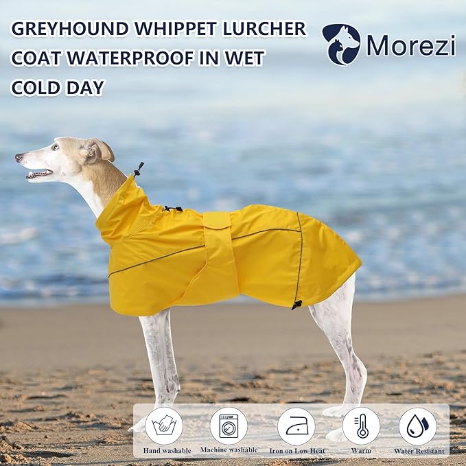 Greyhound Lurcher Raincoat, Whippet Rain Gear with Reflective Bar, Rain/Waterproof, Adjustable Bands and Drawstring in Autumn and Winter - Yellow - XXL