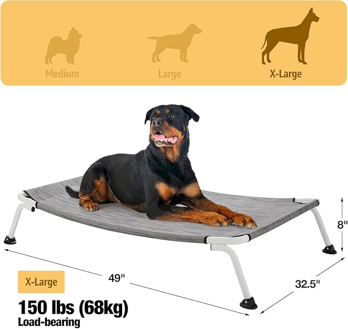 Veehoo Elevated Dog Bed for Outdoor, Cooling Waterproof Raised Dog Cots Beds XL, Curved Off Ground Pet Hammock Cot Lifted for Outside, up to 150lbs, White Legs, Black Silver 49"
