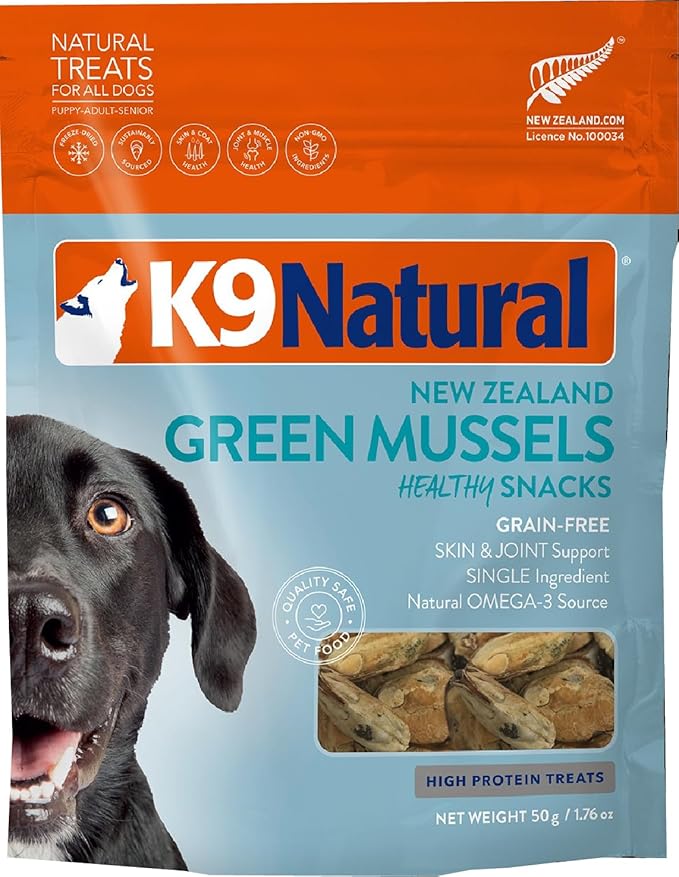 K9 Naturals, Freeze-Dried Single Ingredient Dog Treats, High-Value, Low-Calorie Protein Bites for Active Dogs, Healthy Dog Training Treats, Grain-Free Reward, Green Mussles, 1.76oz