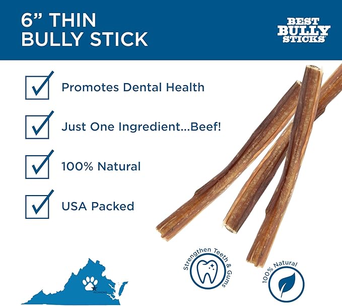 Best Bully Sticks 6 Inch Thin Bully Sticks - 24 Count (Pack of 1) - Natural, Easily Digestible, 100% Grass-Fed, Grain and Rawhide Free