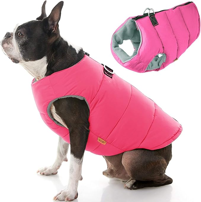 Gooby Padded Vest Dog Jacket - Solid Pink, Medium - Warm Zip Up Vest Fleece Jacket with Dual D Ring Leash Water Resistant for Small to Medium Dogs