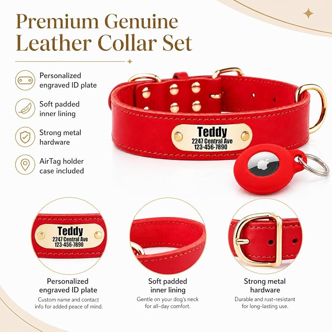 Personalized Genuine Leather Dog Collar with Name & Phone Number-Red-S