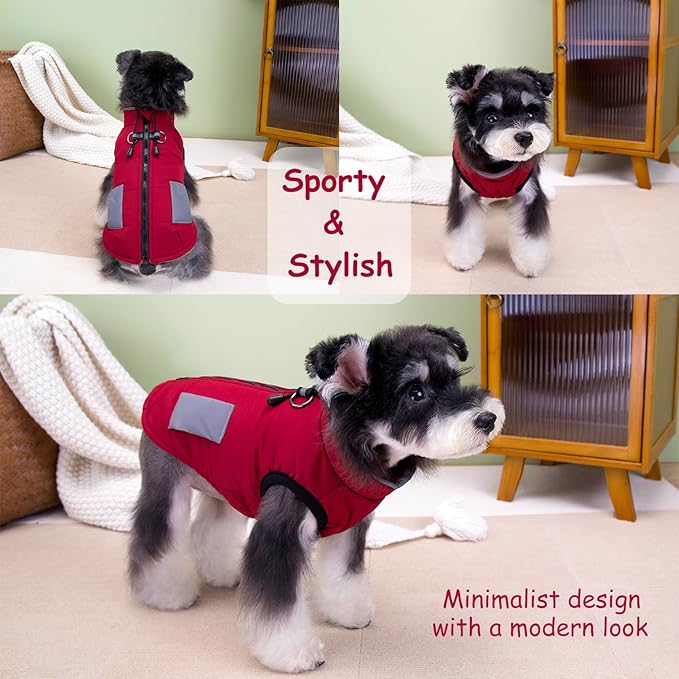Dog Jacket with Harness Built in, Dog Coat with Water-Repellent Shell, Reflective Panels, Warm Fleece Lining, Winter Snowsuit Sweater for Small Medium Large Dogs (Red, Medium)